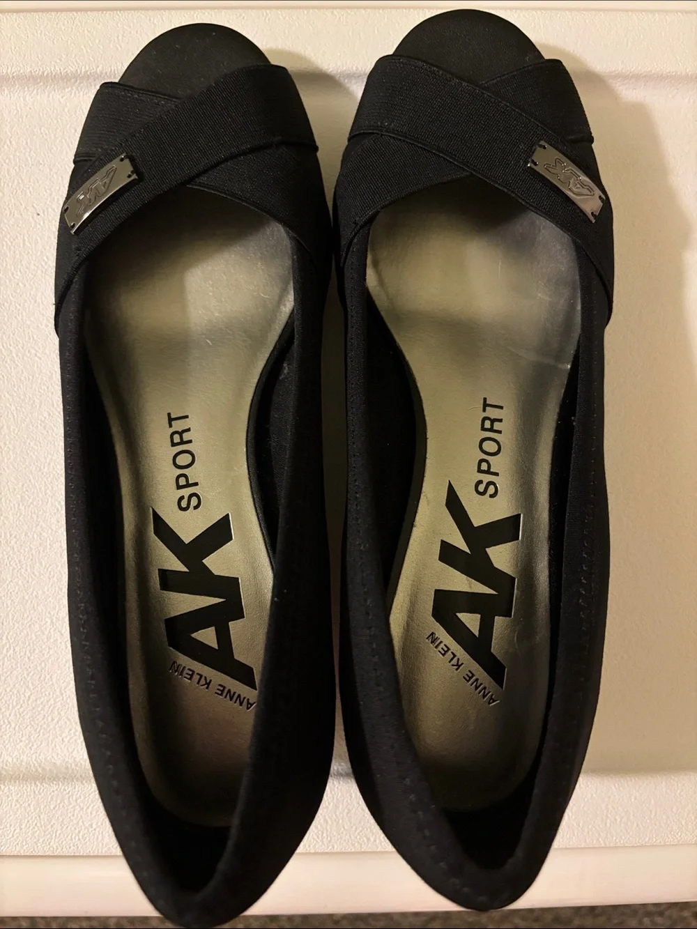 Anne Klein Sport Black Crisscross Peep-Toe Wedges